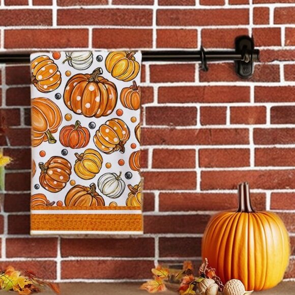 Pumpkin Kitchen Towels Autumn Fall Holiday Thanksgiving Halloween Cottage Decor - Picture 3 of 5